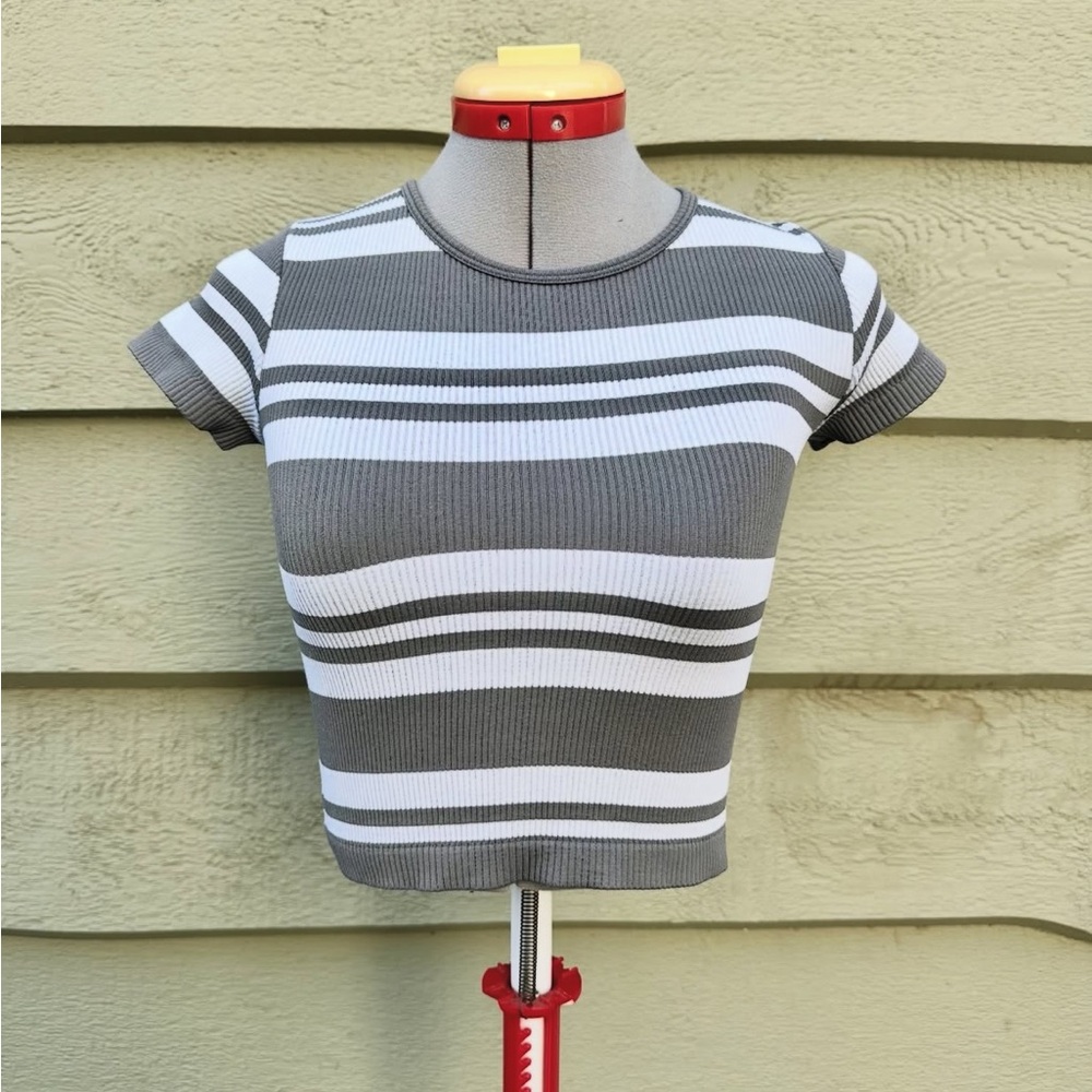 Aura Grey & White Striped Cropped Tee